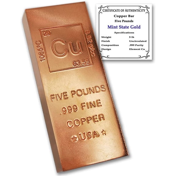 5lb (Five Pound) Copper Bar w/Certificate of Authenticity (Made in China)
