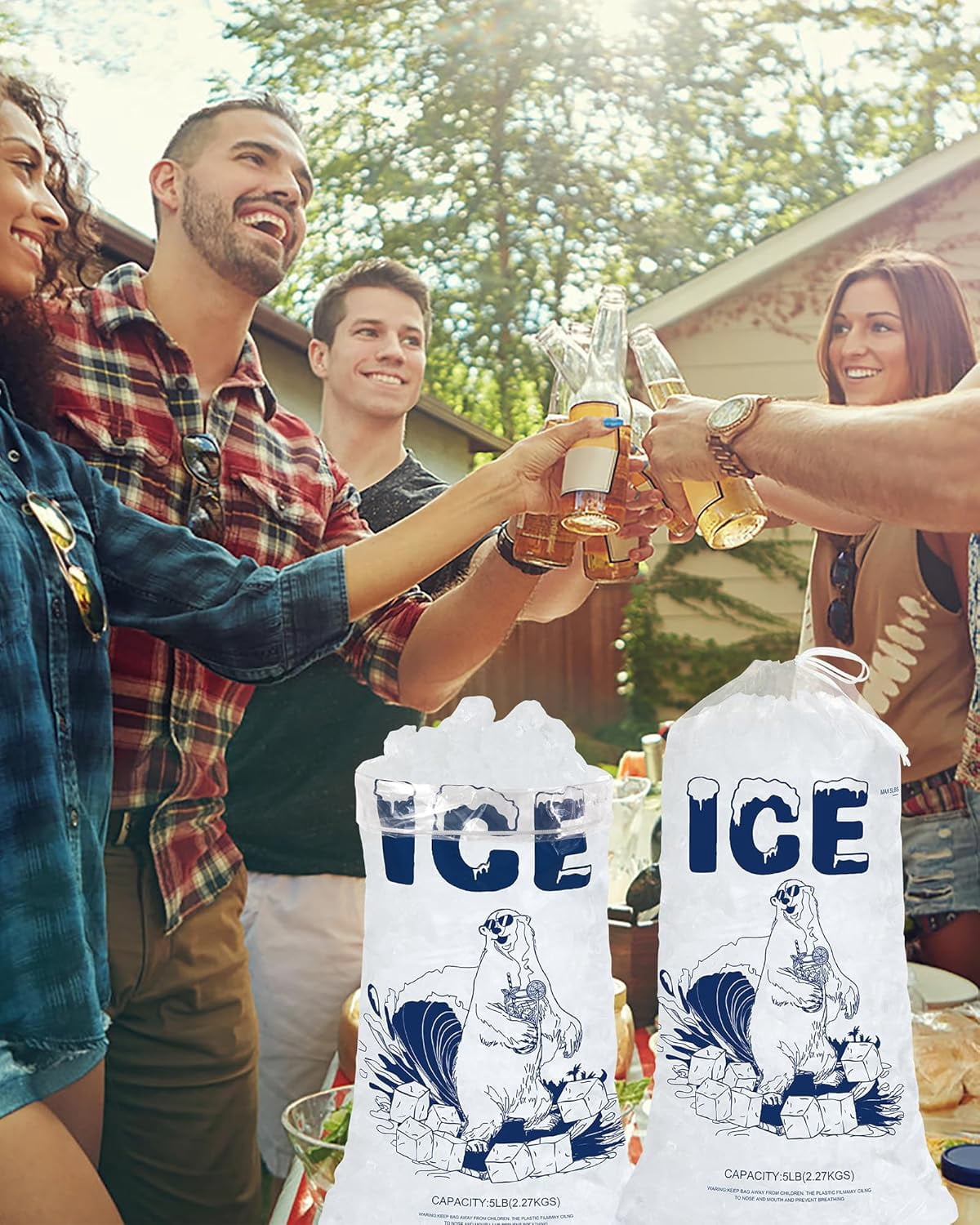 5lb Ice Bags with Drawstring - 100 Count  Reusable Plastic Storage Bags for Freezer, Parties, Camping