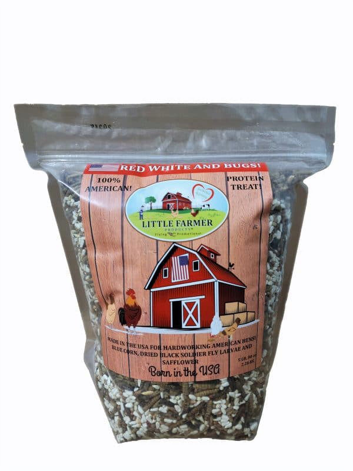 5lbs Red White and Bugs! Premium Non-GMO Black Soldier Fly Grubs, Blue Corn, Safflower Mix, Poultry Treat, USA Grown