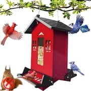 5.5lbs Squirrel Proof Bird Feeder, Red Metal Bird Seed Feeder for Outdoors Hanging Chew-Proof, Large Seed Capacity for Cardinal, Wild Bird, Finch, Sparrow, Blue Jay, Swallow, Parrot