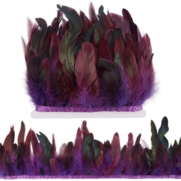 5m 13-18cm Width Rooster Hackle Feather Fringe Trim Purple Craft Feathers Trimmings Decoration Natural Feather Trim Ribbon for DIY Shawl Hat Carnival Cosplay Costume Accessories