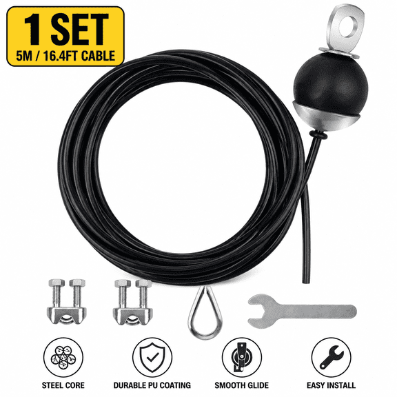 5m (16.4ft) Extra Long Adjustable Gym Pulley Cable, PU-Coated Steel Wire Rope for Tall Power Racks, Lat Pulldown & Functional Trainers