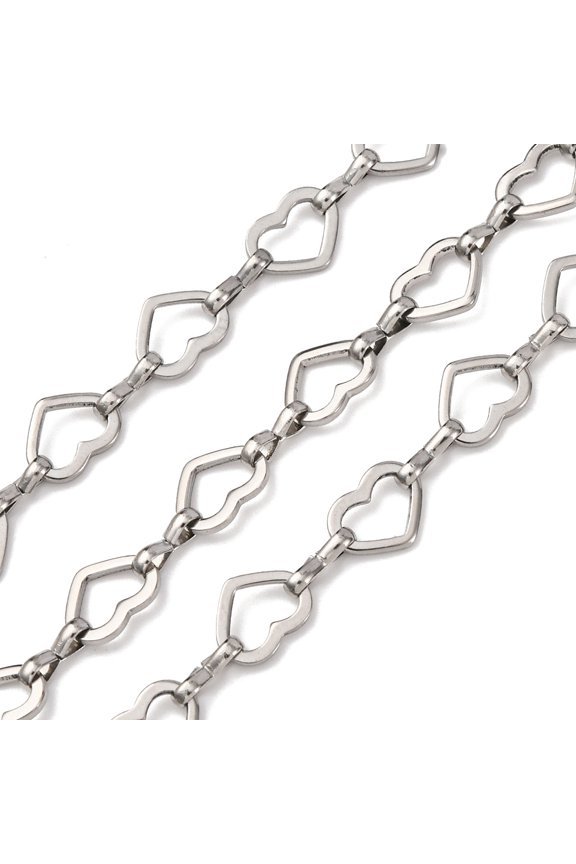 5m 304 Stainless Steel Heart Link Chains Unwelded Stainless Steel Color 9.5x7.5x1mm