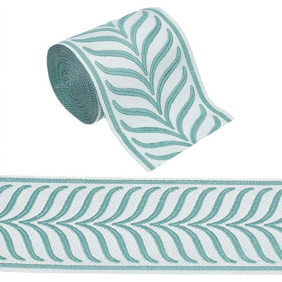 5m/5.5 Yards Blue Jacquard Ribbon Trim 3.4 Inch Embroidered Drapery Trim Leaf Striped Jacquard Polyester Ribbons Leaf Jacquard Woven Embroidery Trim for Clothes Accessories for diy