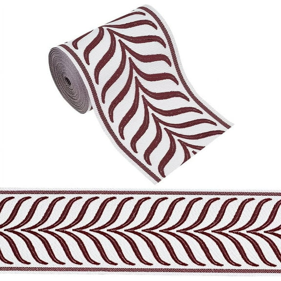 5m/5.5 Yards Dark Red Jacquard Ribbon Trim 3.4 Inch Embroidered Drapery Trim Leaf Striped Jacquard Polyester Ribbons Leaf for Clothes Accessories