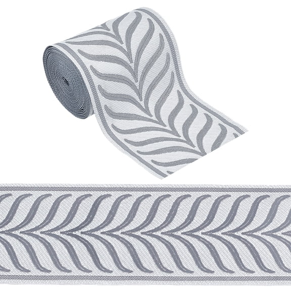 5m/5.5 Yards Gray Jacquard Ribbon Trim 3.4 Inch Embroidered Drapery Trim Leaf Striped Jacquard Polyester Ribbons Leaf Jacquard Woven Embroidery