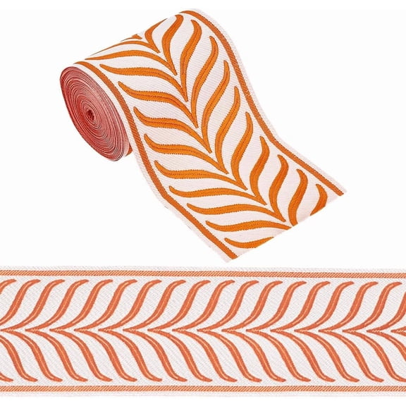 5m/5.5 Yards Orange Jacquard Ribbon Trim 3.4 Inch Embroidered Drapery Trim Leaf Striped Jacquard Polyester Ribbons Leaf Jacquard Woven Embroidery Trim