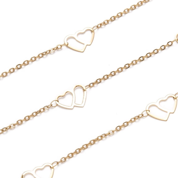 5m Ion Plating(IP) 304 Stainless Steel Heart to Heart Link Cable Chains Golden Link: 2.5x2x0.5mm Heart: 13.5x9.5x0.6mm