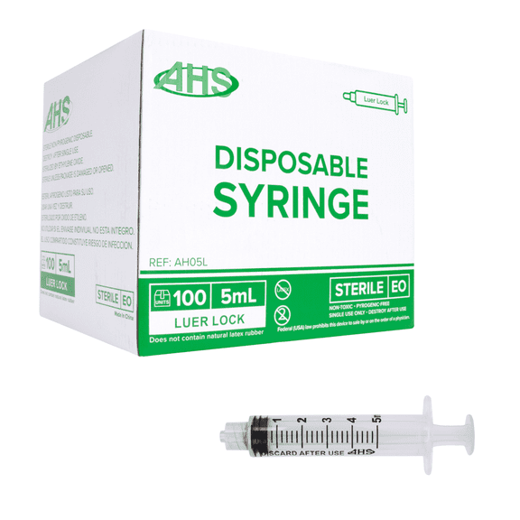 5mL Luer Lock Syringe (100 Pack), Sterile, Individually Wrapped, Syringes for Liquid, Scientific Labs, Feeding Syringes for Pets, Measurement, Medicine, Dispensing, & Oral, Clear