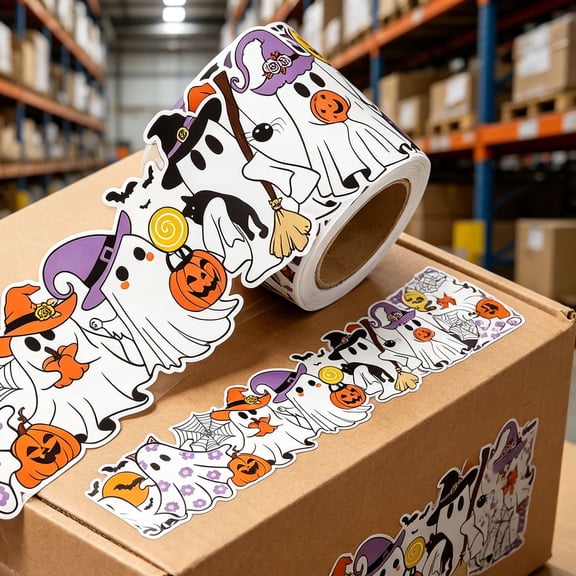 5meter Cute Halloween Ghost Bulletin Board Border Stickers, Pastel Witch Ghost Pumpkin Bat Web Decorative Roll Trim for Office Party Wall Mirror Window DIY Scrapbook Holiday Decor, 2.8in Wide