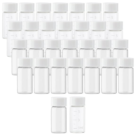5ml (0.17 Oz) Clear Liquid Sampling Sample Scale White Screwcap Glass Bottles Vials for Chemistry Lab Chemicals(15pcs with Scale, 15pcs no Scale)