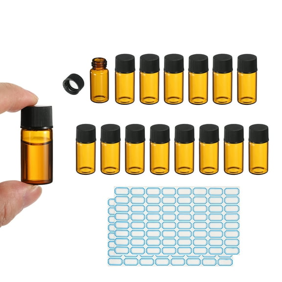 5ml Amber Glass Vials, 15 Pack Sample Vials with Screw Cap Reagent Media Bottle with Labels Leak-Proof Liquid Sample Glass Vial for Lab Laboratory