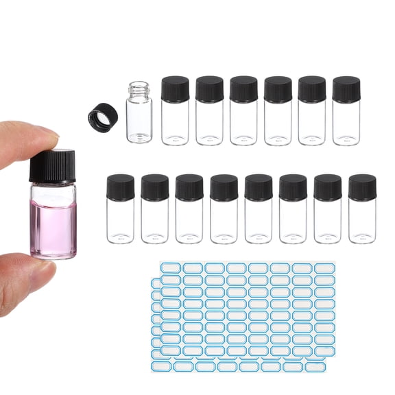 5ml Clear Glass Vials, 15 Pack Sample Vials with Screw Cap Reagent Media Bottle with Labels Leak-Proof Liquid Sample Glass Vial for Lab Laboratory