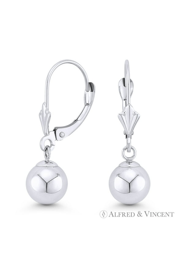 5mm, 6mm, 7mm, 8mm Polished Hollow Ball Leverback Drop Earrings in 14k White Gold