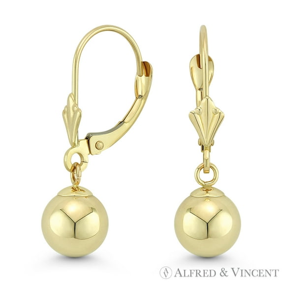 5mm, 6mm, 7mm, 8mm Polished Hollow Ball Leverback Drop Earrings in 14k Yellow Gold