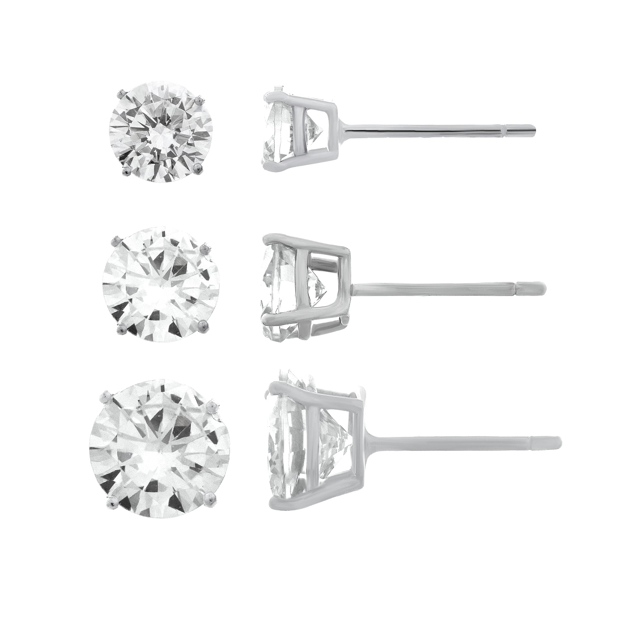 5mm, 6mm and 8mm Round White Cubic Zirconia Stud Earring Set in Silver