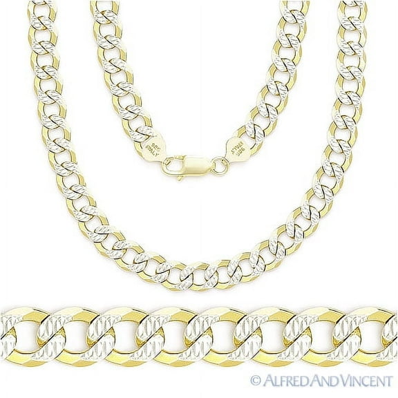 5mm Cuban / Curb Link D-Cut Pave Italian Chain Necklace in .925 Sterling Silver w/ 14k Yellow Gold