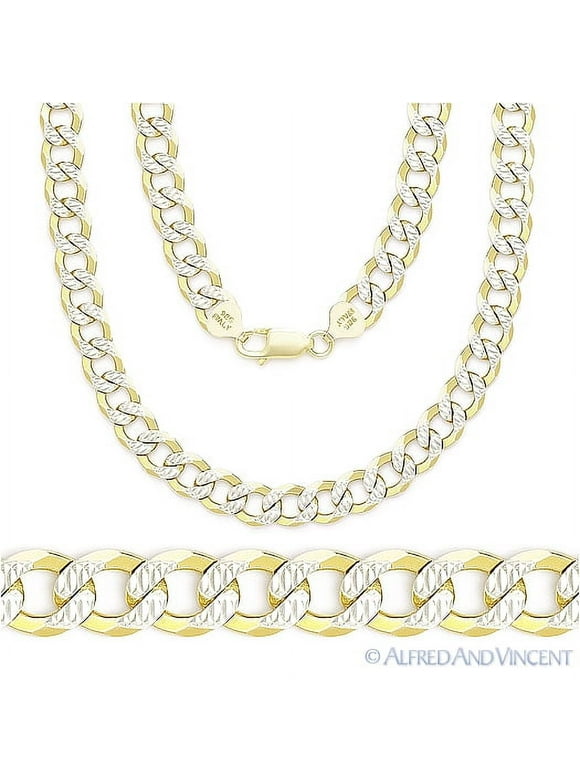 5mm Cuban / Curb Link D-Cut Pave Italian Chain Necklace in .925 Sterling Silver w/ 14k Yellow Gold