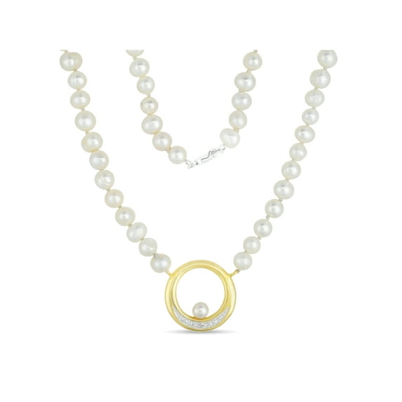 5mm Cultured Freshwater Pearl and Diamond Accent 18kt Gold-Plated Pendant, 18"