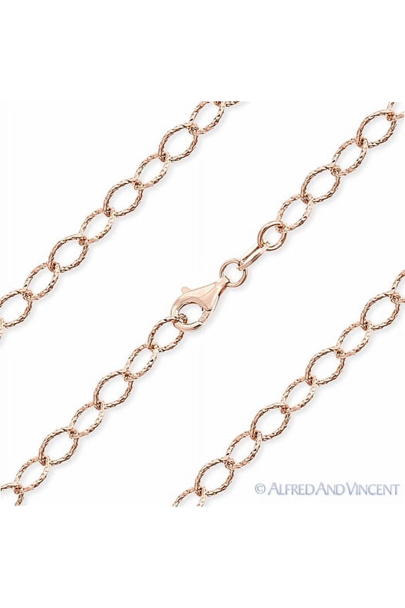 5mm Diamond-Cut Pave Oval Cable Link Chain Necklace in .925 Sterling Silver w/ 14k Rose Gold