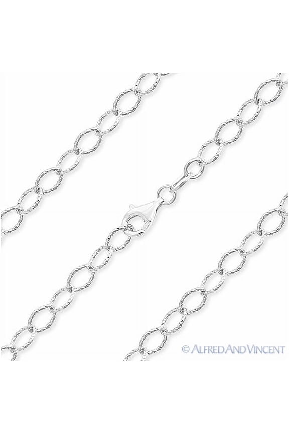 5mm Diamond-Cut Pave Oval Cable Link Chain Necklace in .925 Sterling Silver w/ Rhodium