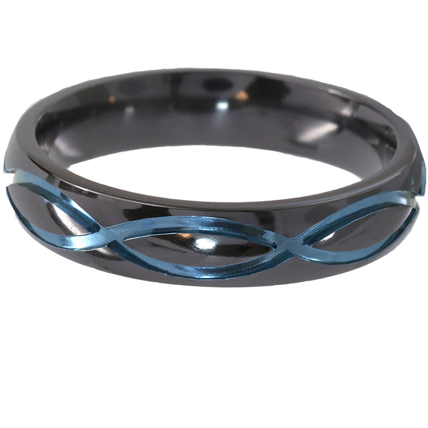 5mm Half-Round Black Zirconium Ring with the Infinity Symbol Anodized in Blue