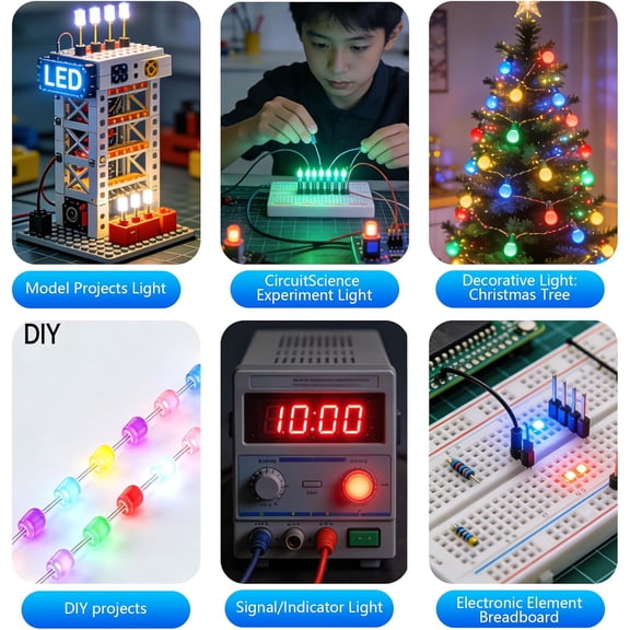5mm LED Diode Assorted Kit, 500Pcs Box Pack, 5 Colors 100Pcs Each, Round Clear LED Bulbs with Long Pins, for Arduino, STEM Projects, Indicator & Signal Lights, RC Car Light, Low Power Consumption