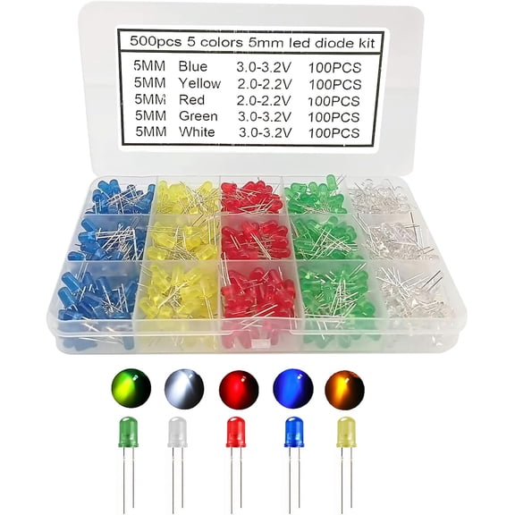 5mm LED Diode Assorted Kit, 500Pcs Box Pack, 5 Colors 100Pcs Each, Round Clear LED Bulbs with Long Pins, for Arduino, STEM Projects, Indicator & Signal Lights, RC Car Light, Low Power Consumption