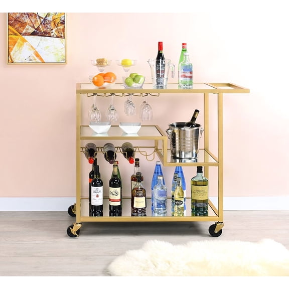 5mm Mirrored Serving Cart with Champagne Finish Metal Frame Ideal for Entertaining High Shelf Weight Limit