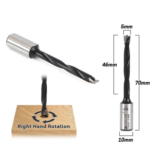 5mm Right Hand Brad Point Boring Bit - 10mm Shank - Yonico 41205R