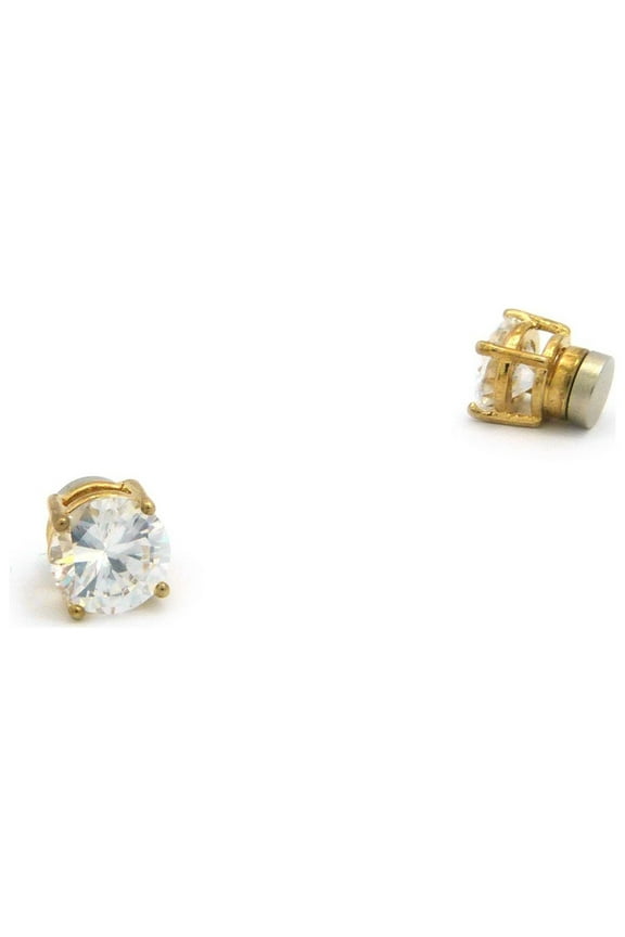 5mm Round Cut Clear Cubic Zirconia 4-Prong Magnetic Stud Earrings, Gold-Tone