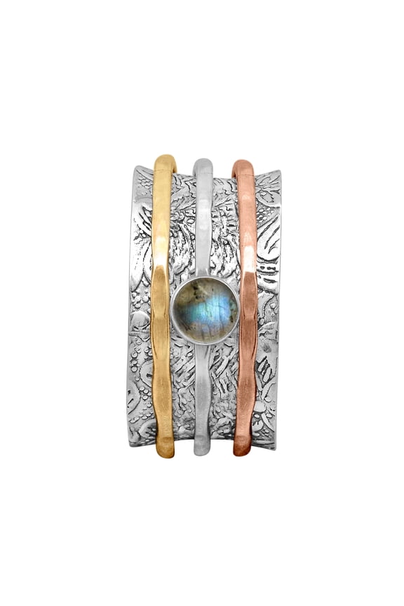 5mm Round Labradorite 925 Sterling Silver Dual Tone Meditation Anxiety Women Wedding Spinner Ring