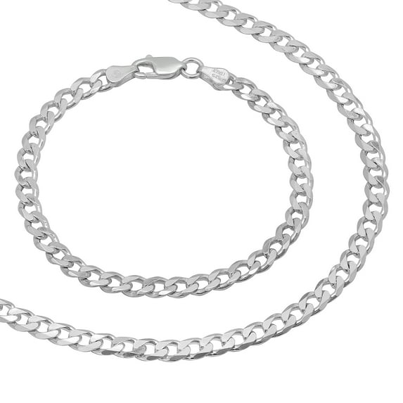 5mm Solid .925 Sterling Silver Cuban Link Curb Chain Necklace + Bracelet Set, 22" (Necklace) + 7" (Bracelet) + Gift Box