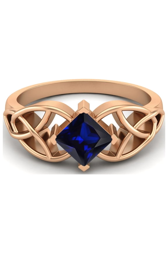 5mm Square Shape Natural Blue Sapphire 925 Silver Rose Vermeil Celtic Women Valentines Day Gifts Ring