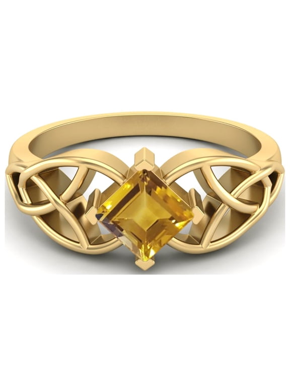 5mm Square Shape Natural Citrine 925 Silver Gold Vermeil Celtic Women Mother's Day Gift Ring
