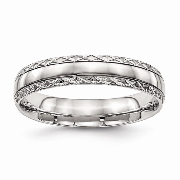 5mm Stainless Steel Polished Grooved Criss Cross Design Ring - Size 7