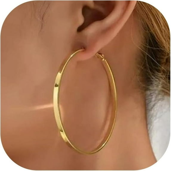 5mm Wide Gold Hoop Earrings 14k Gold Plated Large Big Flat Hoops for Women Lightweight Hypoallergenic Thick Hoop Earrings Jewelry for Women Trendy 40/50/60/70mm 50mm 50mm