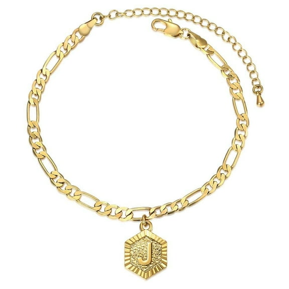 5mm Yellow Gold Plated Initial Letter Pendant Anklet Bracelet for Women Figaro Chain