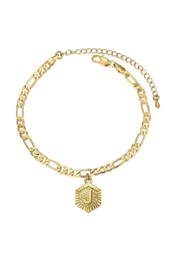 5mm Yellow Gold Plated Initial Letter Pendant Anklet Bracelet for Women Figaro Chain
