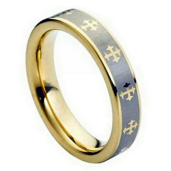 5mm Yellow Gold Tone IP Plated Laser Engraved Crosses Design Wedding Band Ring For Men Or Ladies