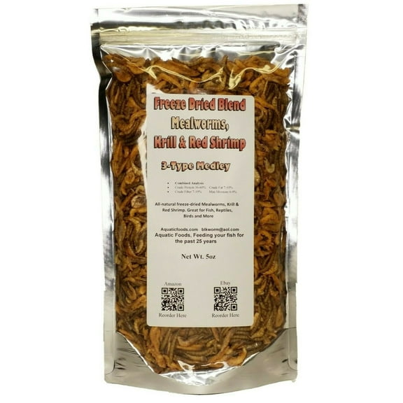 5oz. 3-Type Medley of Freeze Dried Mealworms, Krill, Red Shrimp for Large Tropicals, Koi Fish, Hamsters, Sugar Gliders, Hedgehogs, All Rodents, Birds, All Reptiles and Turtles. 3-Type 5oz Bag