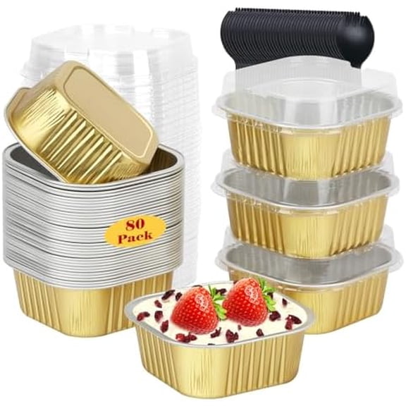 5oz/80pack Foil Mini Cake Baking Pans with Lids, Small Disposable Ramekins Cupcake Tins Muffin Baking Cups,Aluminum Square Brownie Pan Mini Cheesecake Containers-Gold