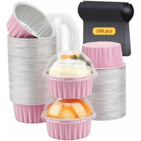 5oz Cupcake Pans with Dome Lids 100 Pack, Aluminum Foil Small Cake Baking Tin,Disposable Ramekins Cupcake Baking Cups Containers,Mini Pie Pans Muffin Tins Jumbo Cupcake Liners-Pink