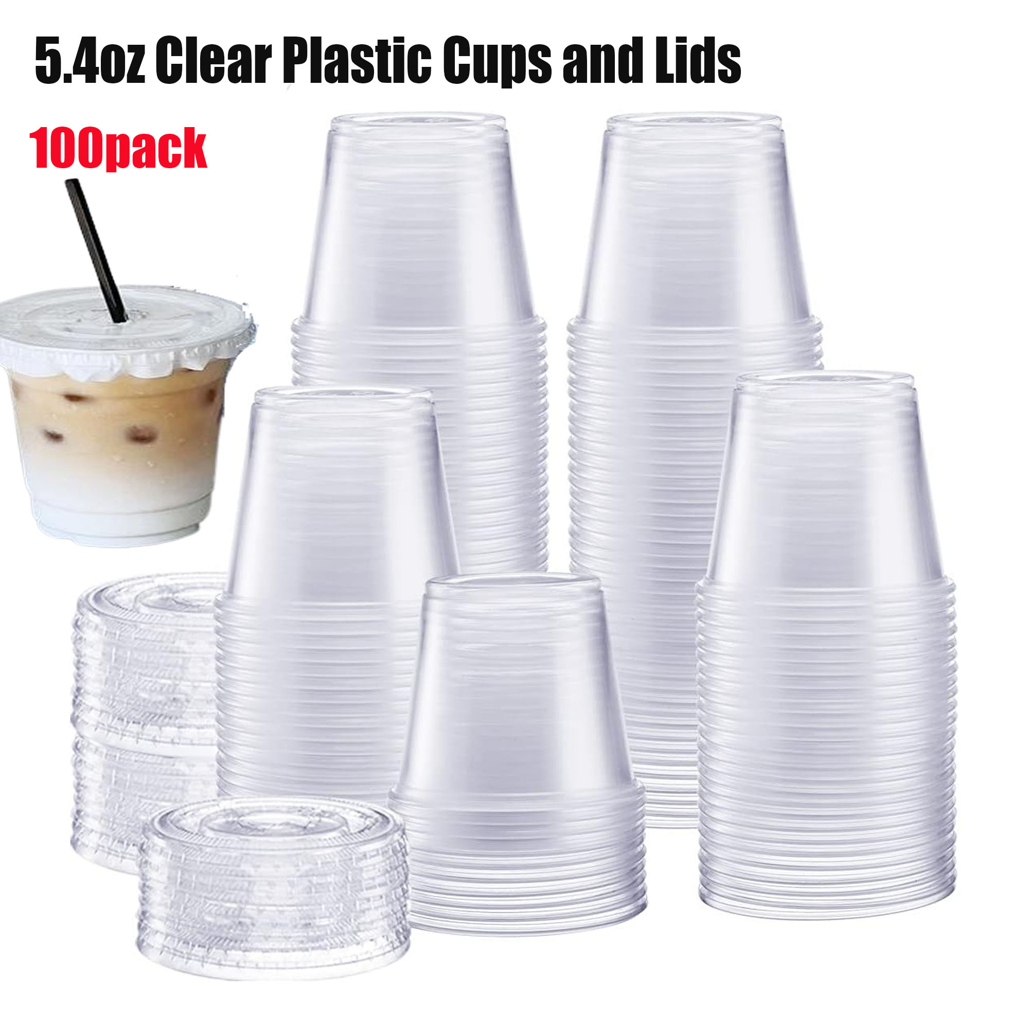 5oz Disposable Cups with Lids - Pack of 100, Clear Plastic Cups for ...