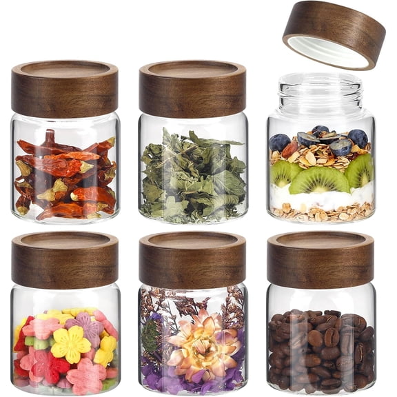 5oz Glass Spice Mason Jars with Screw Wood Lid 6 pcs Airtight Small Glass Jars Seasoning Herb Containers Food Storage Canister for Sugar Coffee Bean Ground Candy Salt Overnight Oat (5oz/150ml*6)