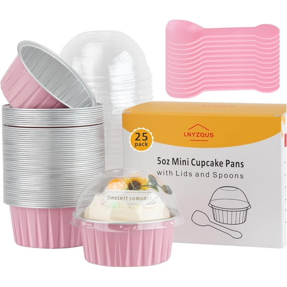 5oz Mini Cake Pans with Lids 25 Pack, Foil Muffin Tin Small Baking Cups, Disposable Cupcake Containers Creme Brulee Ramekins Cupcake Liners for Bake Sales Valentines-Pink