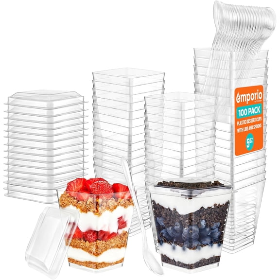 5oz Plastic Dessert Cups with Lids and Spoons - Appetizer Cups for Pudding, Parfait, Ice Cream, and Cocktails, Clear Reusable Serving Cups, Elegant Design, Pack of 100