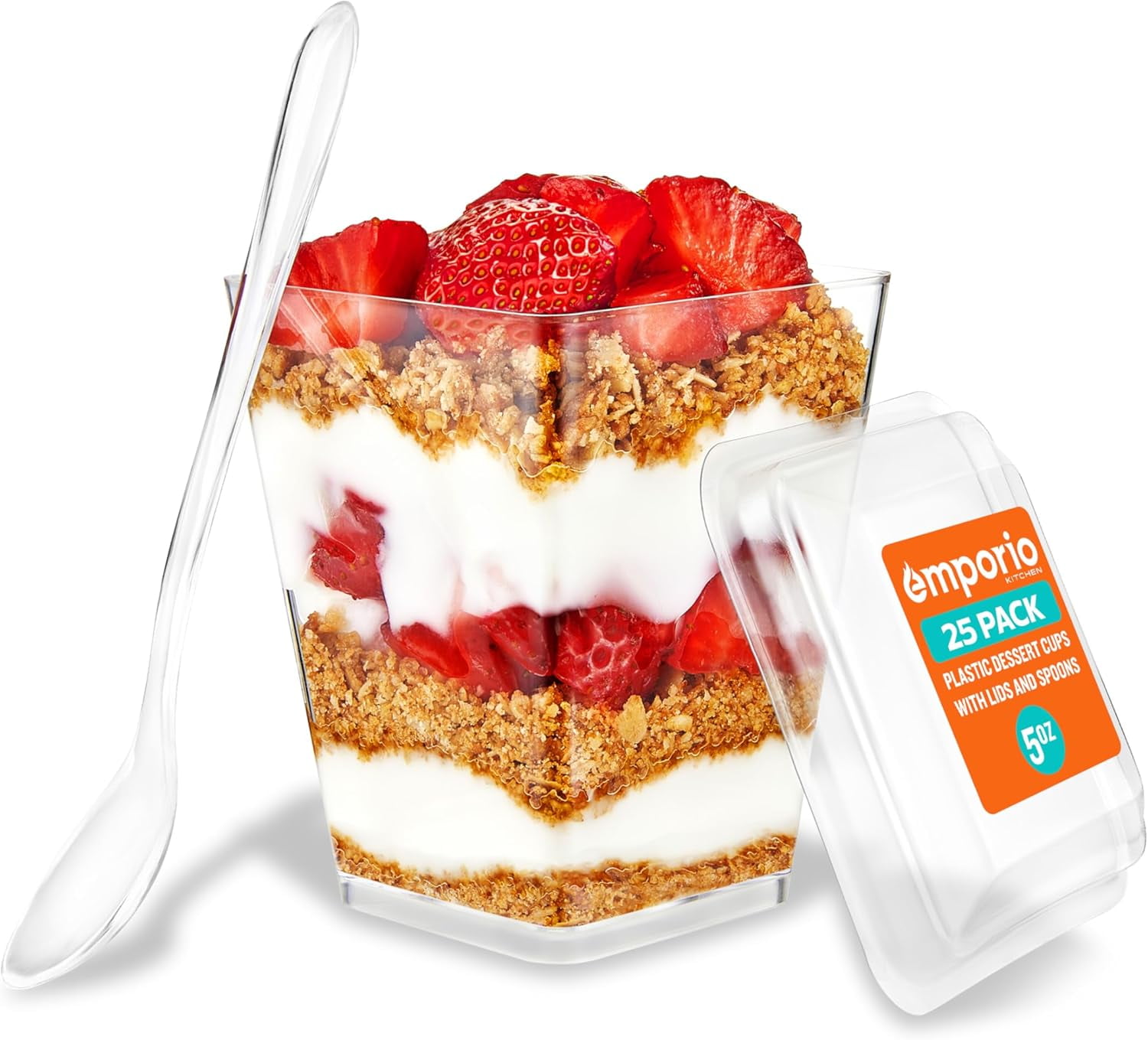 5oz Plastic Dessert Cups with Lids and Spoons - Appetizer Cups for Pudding, Parfait, Ice Cream, and Cocktails, Clear Reusable Serving Cups, Elegant Design, Pack of 25