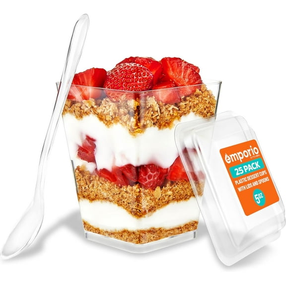 5oz Plastic Dessert Cups with Lids and Spoons - Appetizer Cups for Pudding, Parfait, Ice Cream, and Cocktails, Clear Reusable Serving Cups, Elegant Design, Pack of 25