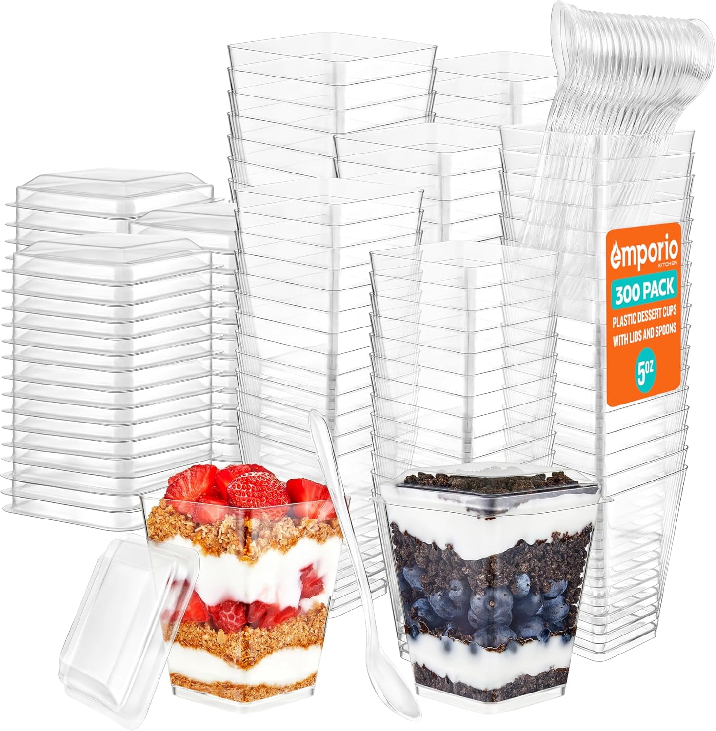 5oz Plastic Dessert Cups with Lids and Spoons - Appetizer Cups for Pudding, Parfait, Ice Cream, and Cocktails, Clear Reusable Serving Cups, Elegant Design, Pack of 300